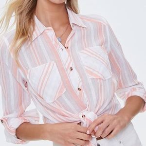 Coral & White Striped Roll-Tab Shirt, L